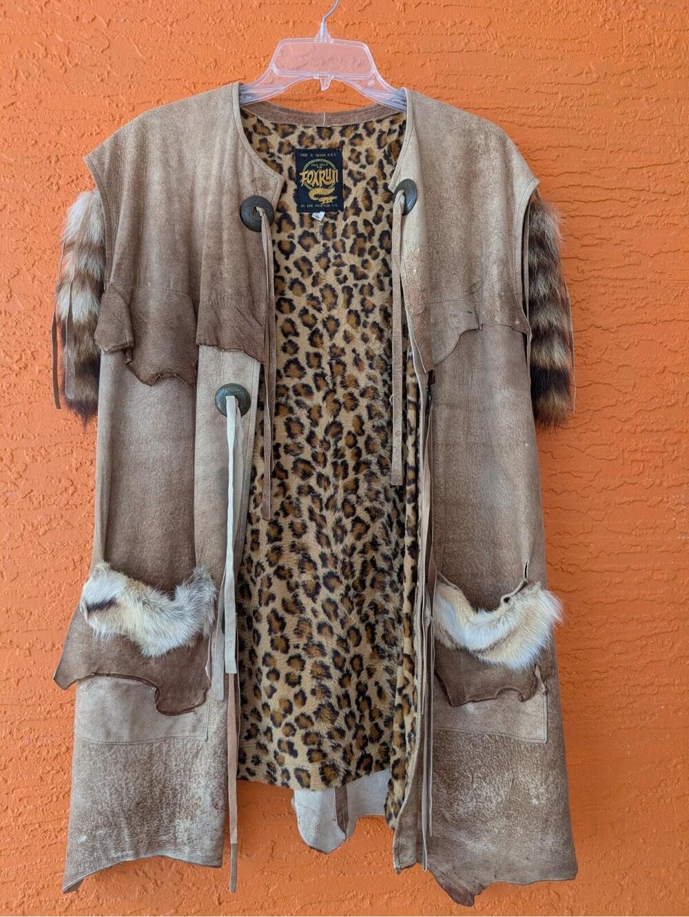 Vintage Fox Run Boho Hippie Western Fringe Vest Leopard Lined Faux Fur M 1980s